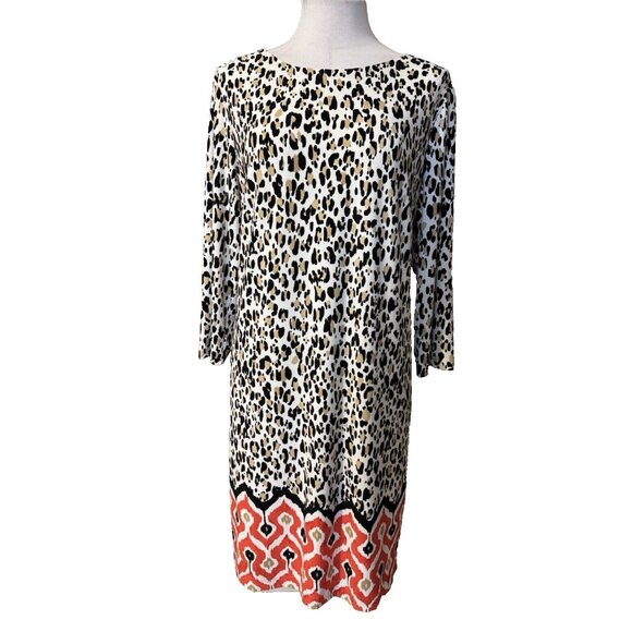 Chicos Shift Dress 2 Large 12 14 Cream Brown Black Red Animal Print Stretch - Picture 2 of 12